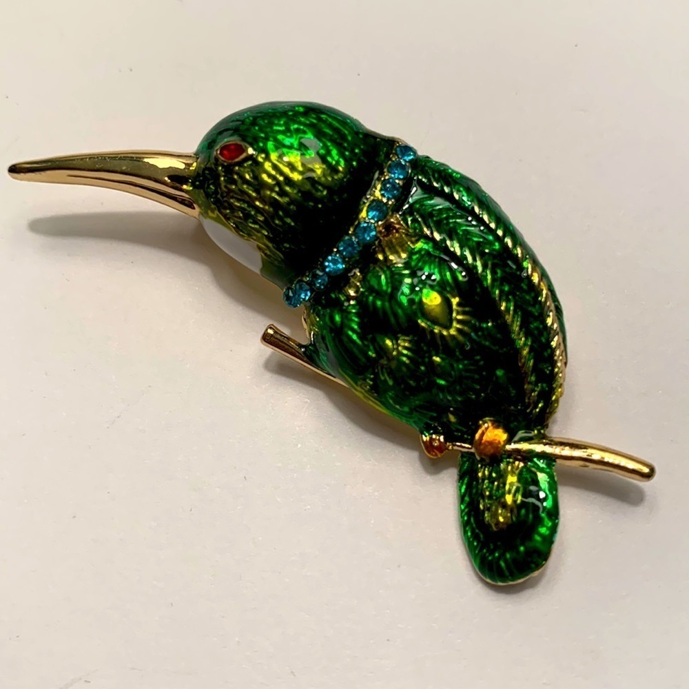 Found’ Hummingbird Mint Enameled Rhinestone Brooch, excellent condition